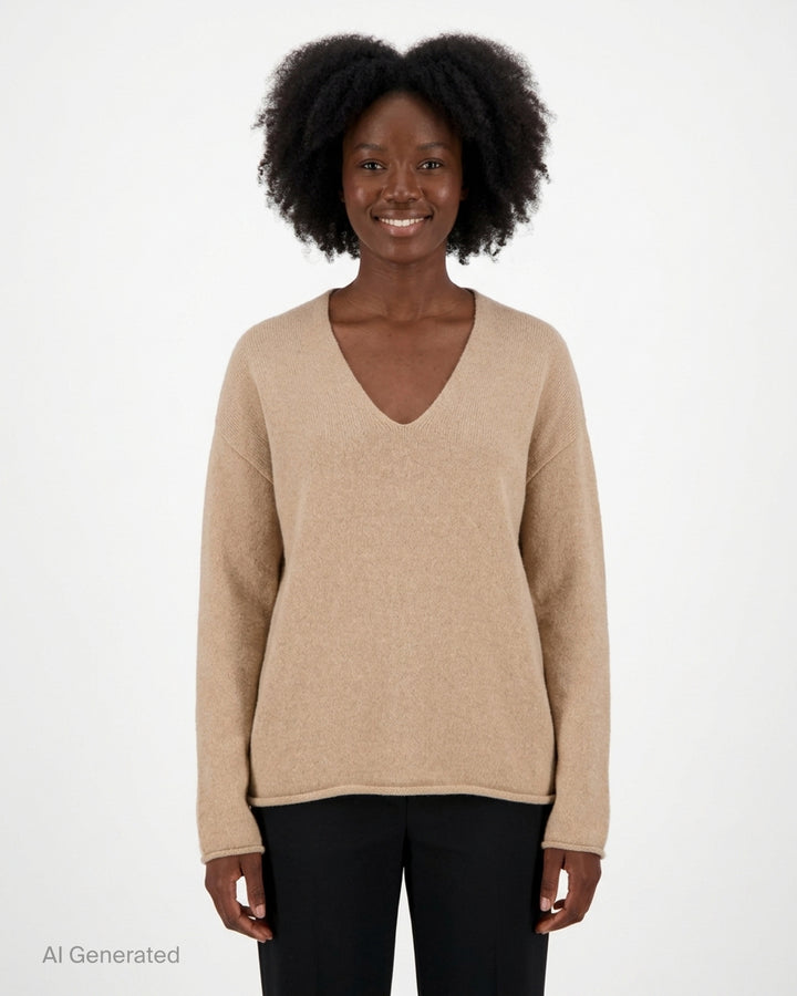 Lauren Manoogian Soft V Neck Sweater in camel, an oversized long-sleeve knit with a deep V neckline and rolled hem, shown flat from the front - front