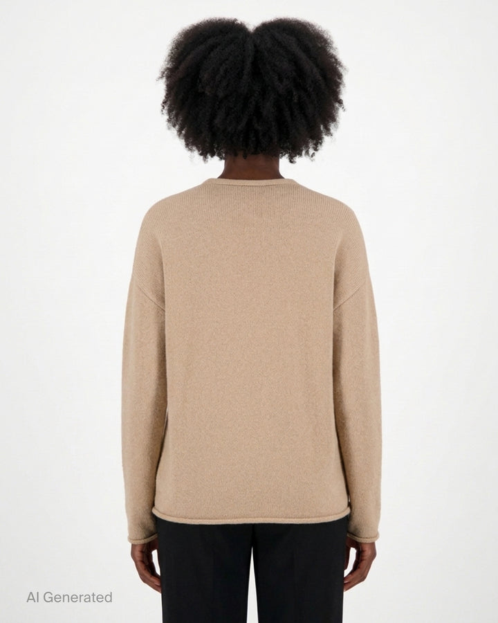 Lauren Manoogian Soft V Neck Sweater in camel, an oversized long-sleeve knit with a deep V neckline and rolled hem, shown flat from the front - back