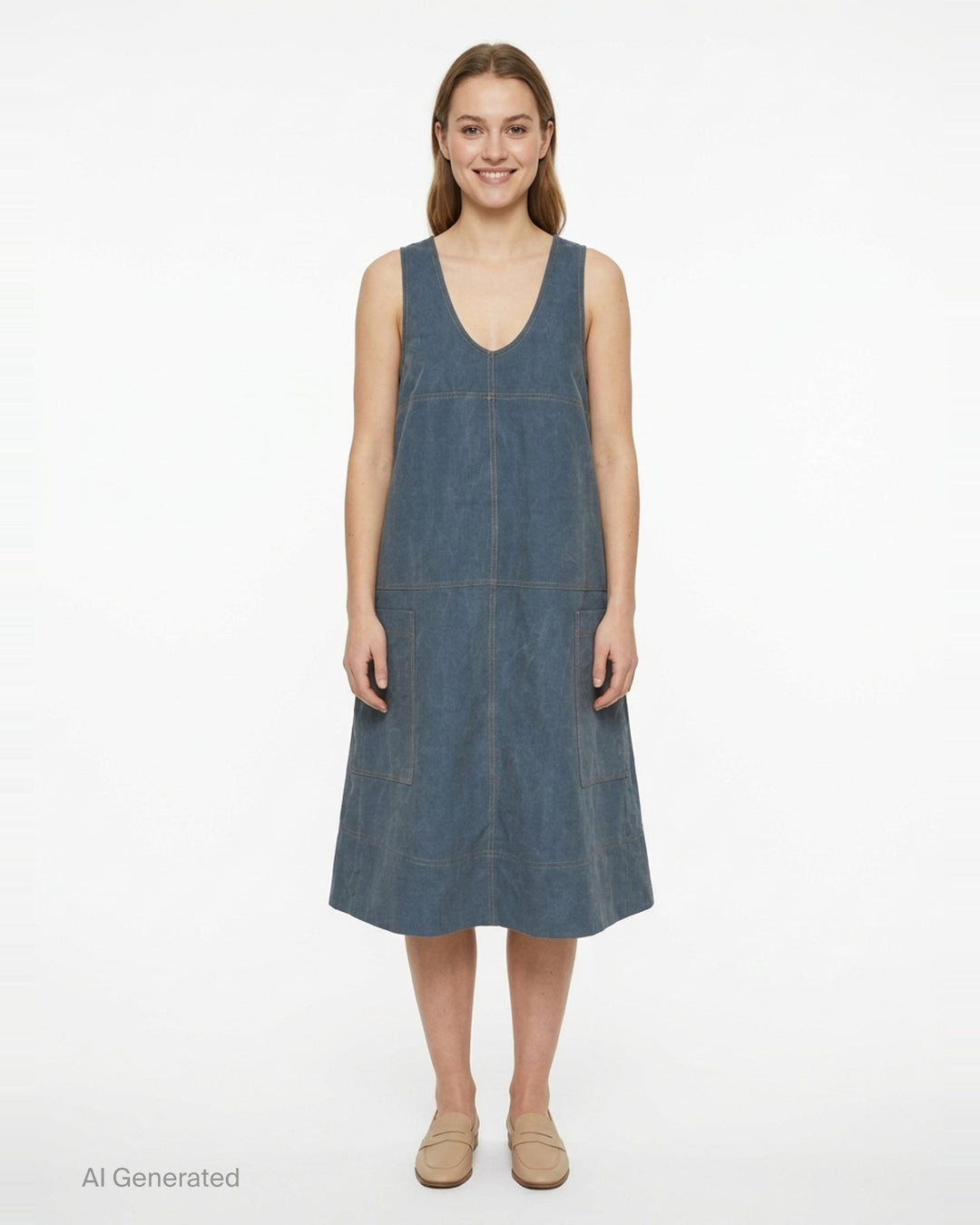 Lee Matthews Cecil Cotton Apron Dress in washed blue denim, featuring a V-neckline, A-line silhouette, contrast topstitching, and two front patch pockets - front
