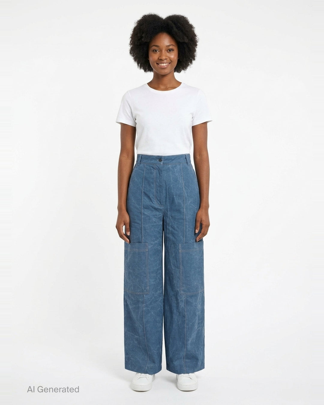 Lee Mathews Cecil Cotton Pants in crinkle-textured faded indigo blue, featuring a wide-leg silhouette, oversized patch pockets, and contrast topstitching throughout - front