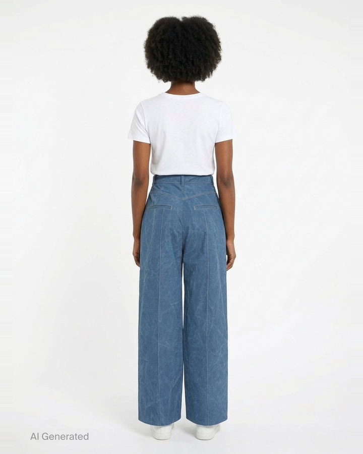 Lee Mathews Cecil Cotton Pants in crinkle-textured faded indigo blue, featuring a wide-leg silhouette, oversized patch pockets, and contrast topstitching throughout - back