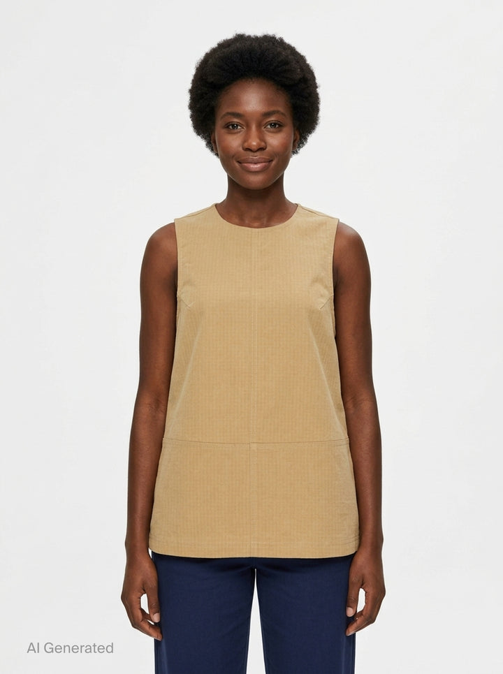 Lee Mathews Cecil Cotton Top in camel — sleeveless A-line woven top with fine stripe texture, centre seam, panel detailing, and back zip closure, shown front view - front