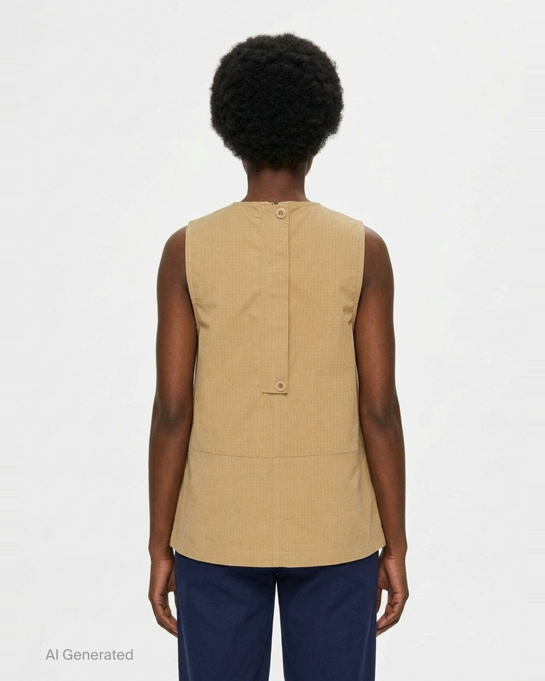 Lee Mathews Cecil Cotton Top in camel — sleeveless A-line woven top with fine stripe texture, centre seam, panel detailing, and back zip closure, shown front view - back
