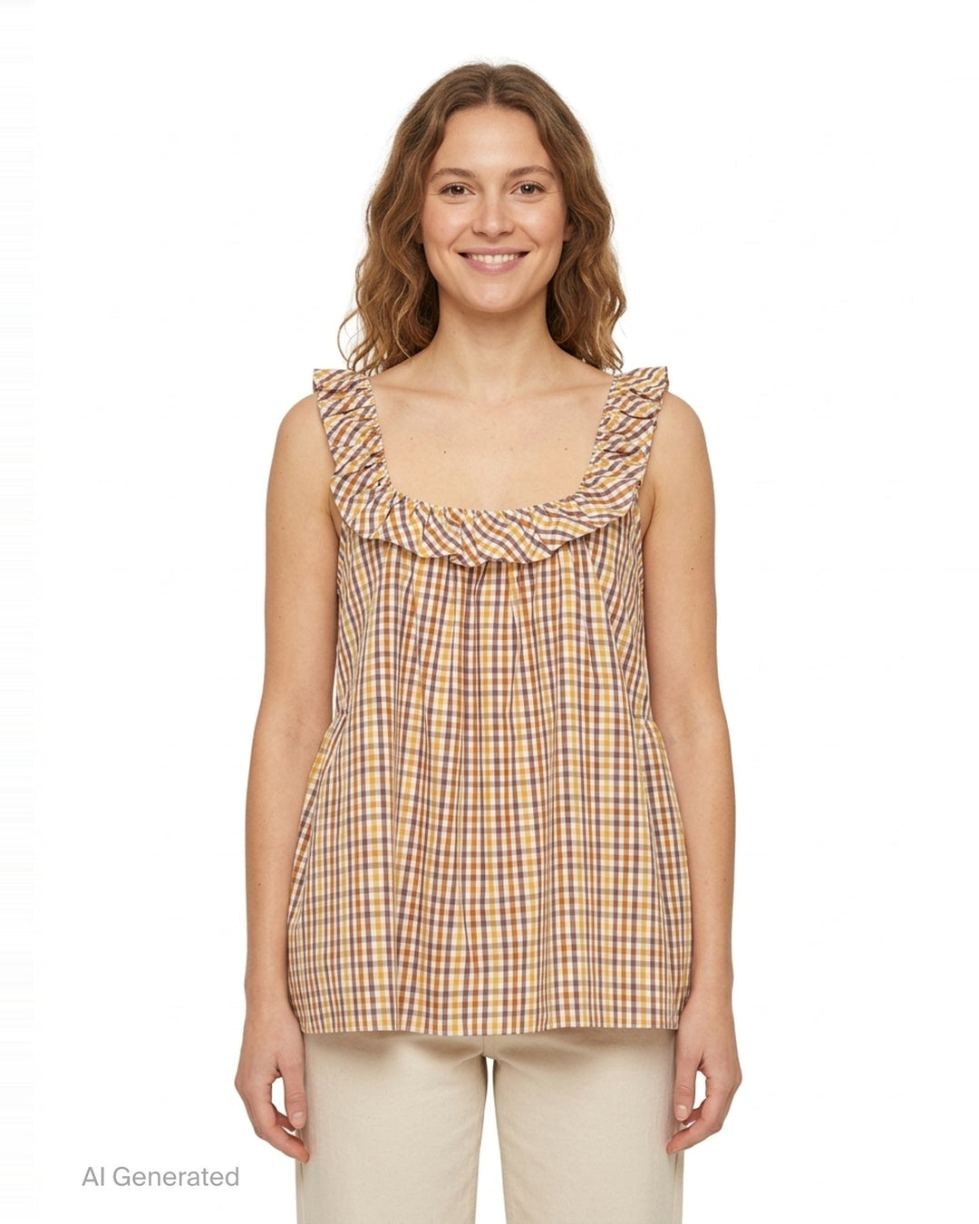 Lee Mathews Christie Poplin Check Top in an amber and brown gingham print, featuring a ruffled neckline and shoulder straps with a relaxed A-line silhouette, photographed flat on a white background - front