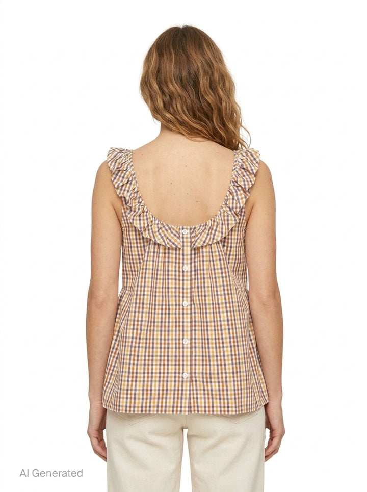 Lee Mathews Christie Poplin Check Top in an amber and brown gingham print, featuring a ruffled neckline and shoulder straps with a relaxed A-line silhouette, photographed flat on a white background - back