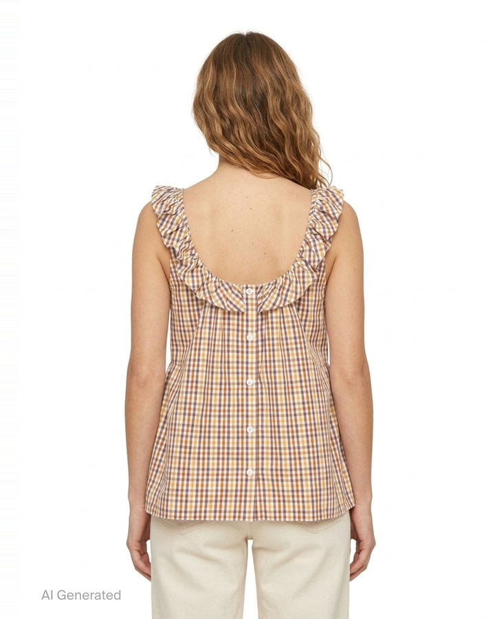 Lee Mathews Christie Poplin Check Top in an amber and brown gingham print, featuring a ruffled neckline and shoulder straps with a relaxed A-line silhouette, photographed flat on a white background - back
