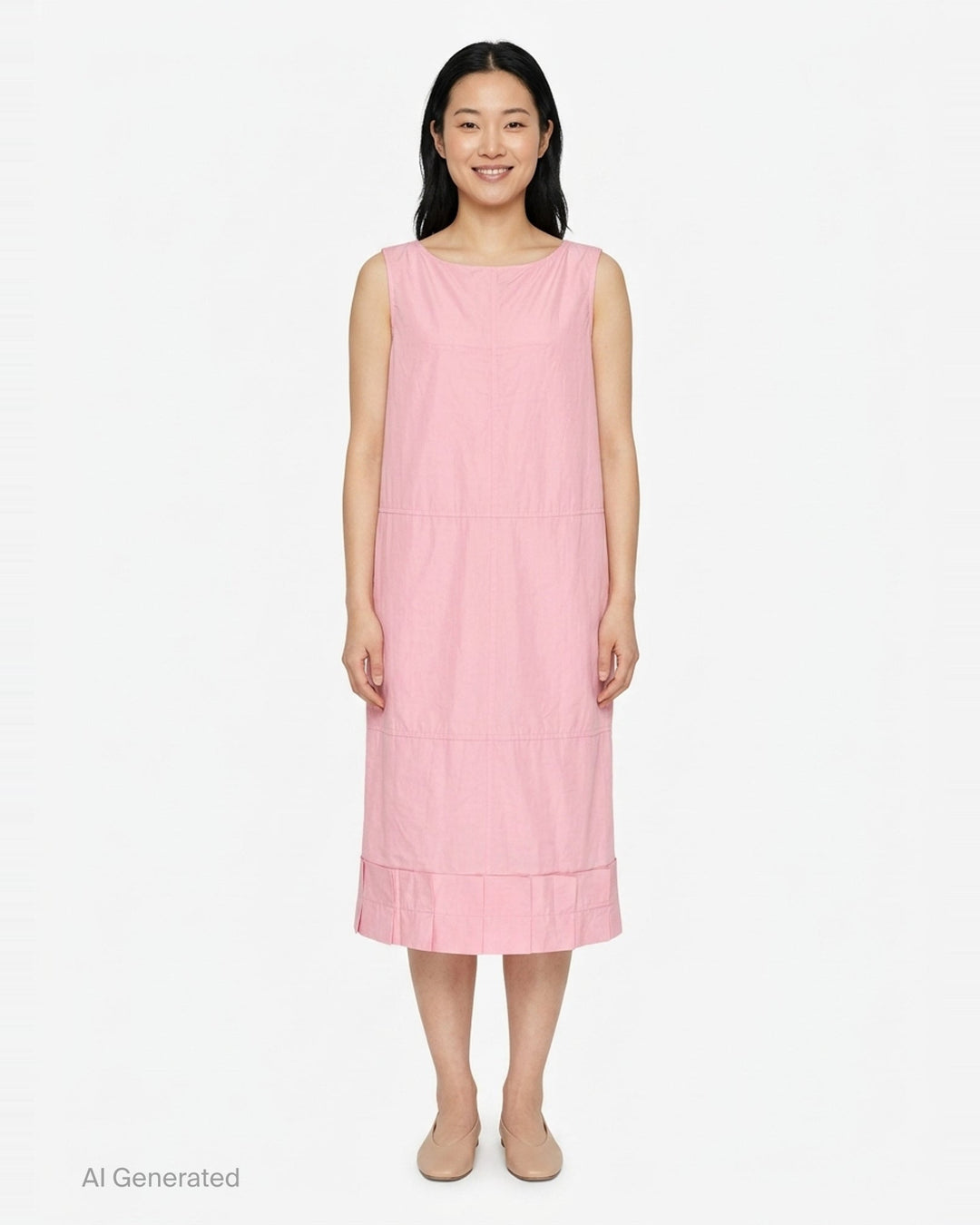 Lee Mathews Nina Silk Ruffle Dress in blush pink — sleeveless midi with panelled construction and a pleated ruffle hem, shown on a white background - front