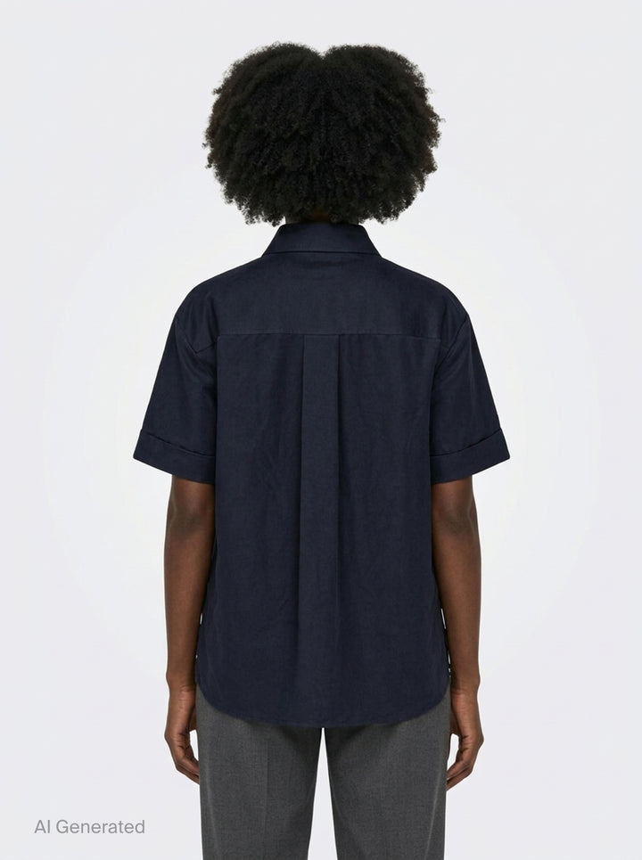 Lee Mathews Powell Short Sleeve Shirt in navy, featuring press-stud closure, turned-back cuffs, pointed collar, and a tonal chest pocket - back