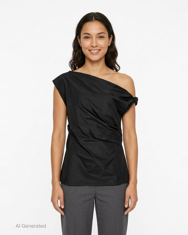 Lee Mathews Nina Silk Twist Top in black, featuring an asymmetric one-shoulder neckline and diagonal ruched twist draping across the body - front