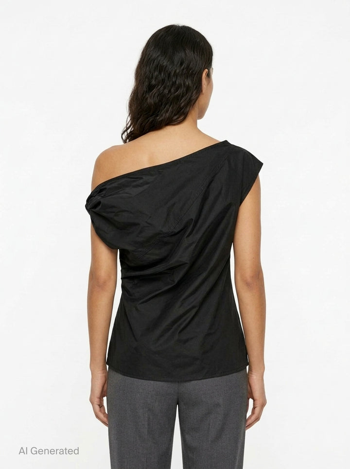 Lee Mathews Nina Silk Twist Top in black, featuring an asymmetric one-shoulder neckline and diagonal ruched twist draping across the body - back