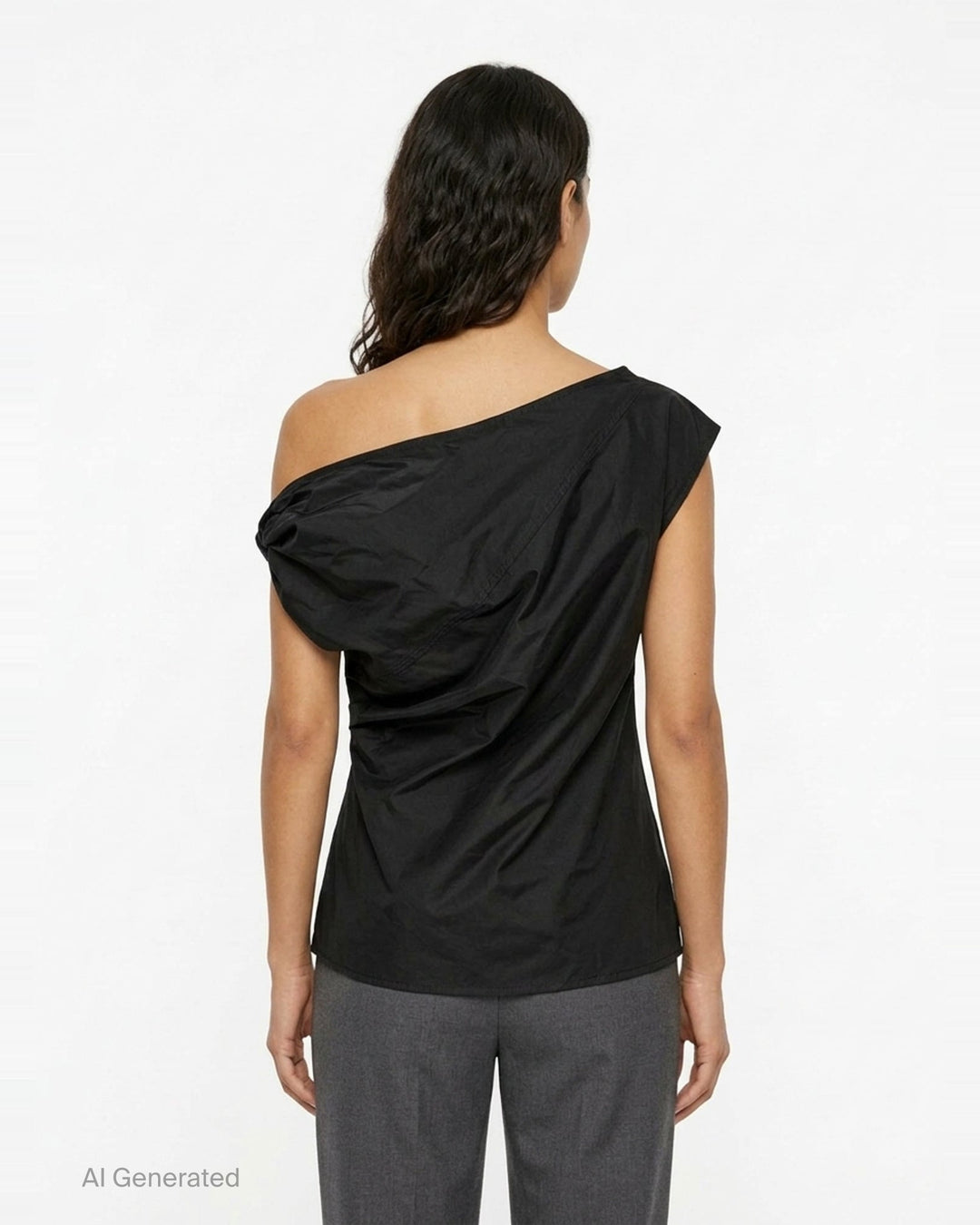 Lee Mathews Nina Silk Twist Top in black, featuring an asymmetric one-shoulder neckline and diagonal ruched twist draping across the body - back