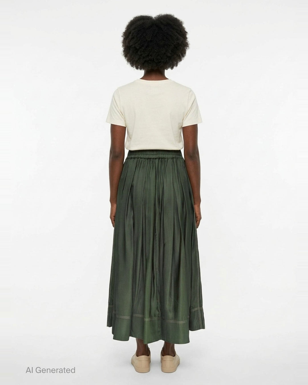 Lee Mathews Sloane Pleat Midi Skirt in deep forest green, featuring a smocked elastic waistband with drawstring tie, voluminous gathered pleats, and contrast hem stitching - back