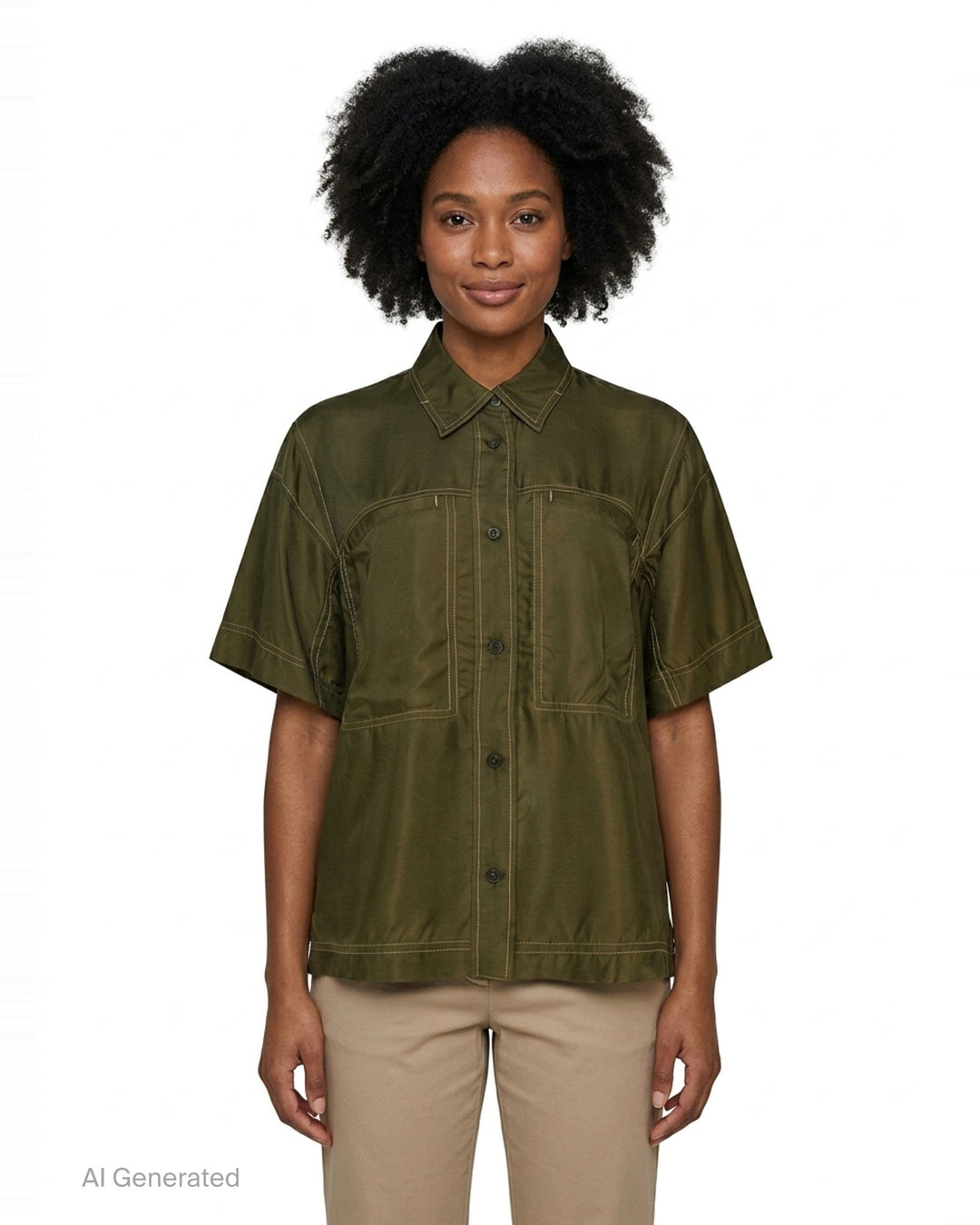 Lee Mathews Sloane Short Sleeve Shirt in olive green with white contrast topstitching, two patch chest pockets, and button-through front placket, displayed flat on white background - front