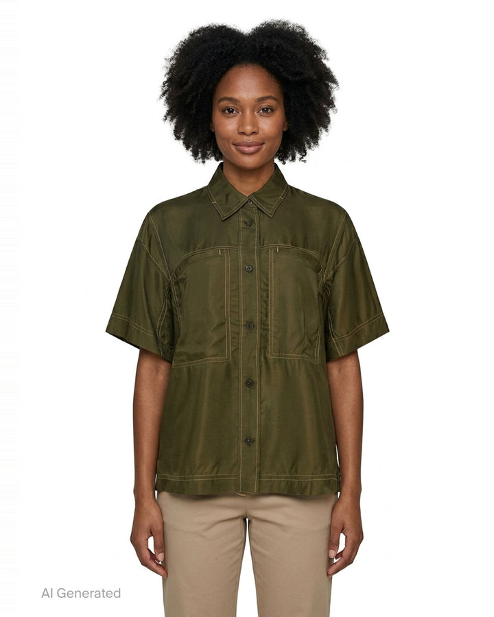 Lee Mathews Sloane Short Sleeve Shirt in olive green with white contrast topstitching, two patch chest pockets, and button-through front placket, displayed flat on white background - front