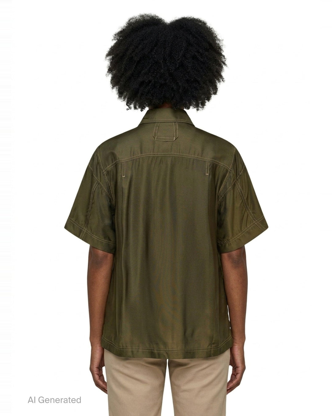 Lee Mathews Sloane Short Sleeve Shirt in olive green with white contrast topstitching, two patch chest pockets, and button-through front placket, displayed flat on white background - back