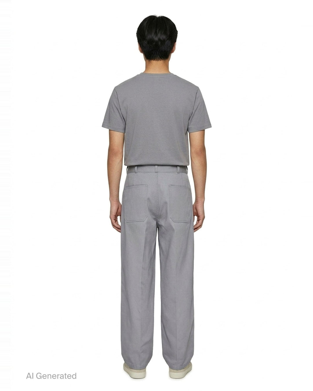 Lemaire Barrel Poly Cotton Pants in warm taupe, featuring a wide-leg silhouette, front pintuck seams, and a high-rise snap-button waistband - back