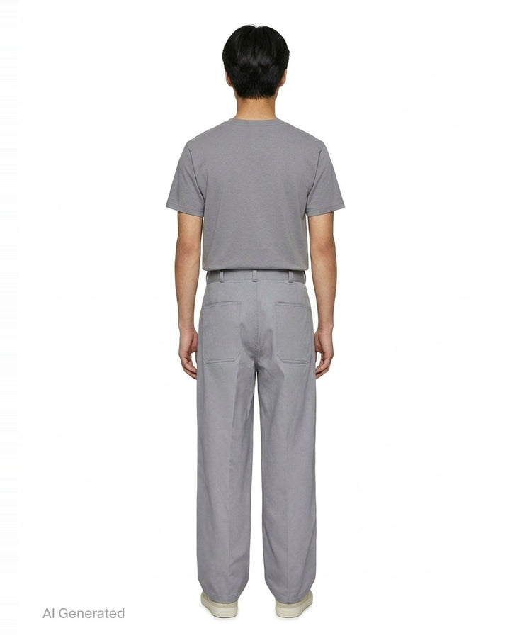 Lemaire Barrel Poly Cotton Pants in warm taupe, featuring a wide-leg silhouette, front pintuck seams, and a high-rise snap-button waistband - back