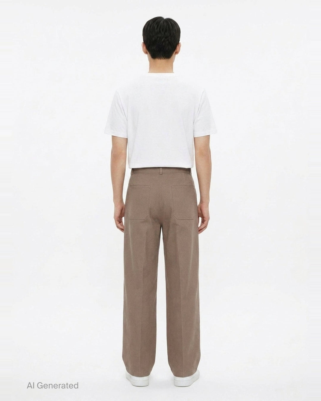 Lemaire Barrel Poly Cotton Pants in warm taupe, featuring a wide-leg silhouette, front pintuck seams, and a high-rise snap-button waistband - back