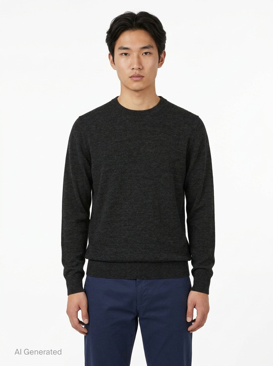 Lemaire crew neck sweater in dark charcoal mouliné knit with ribbed neckline, cuffs, and hem on a white background - front
