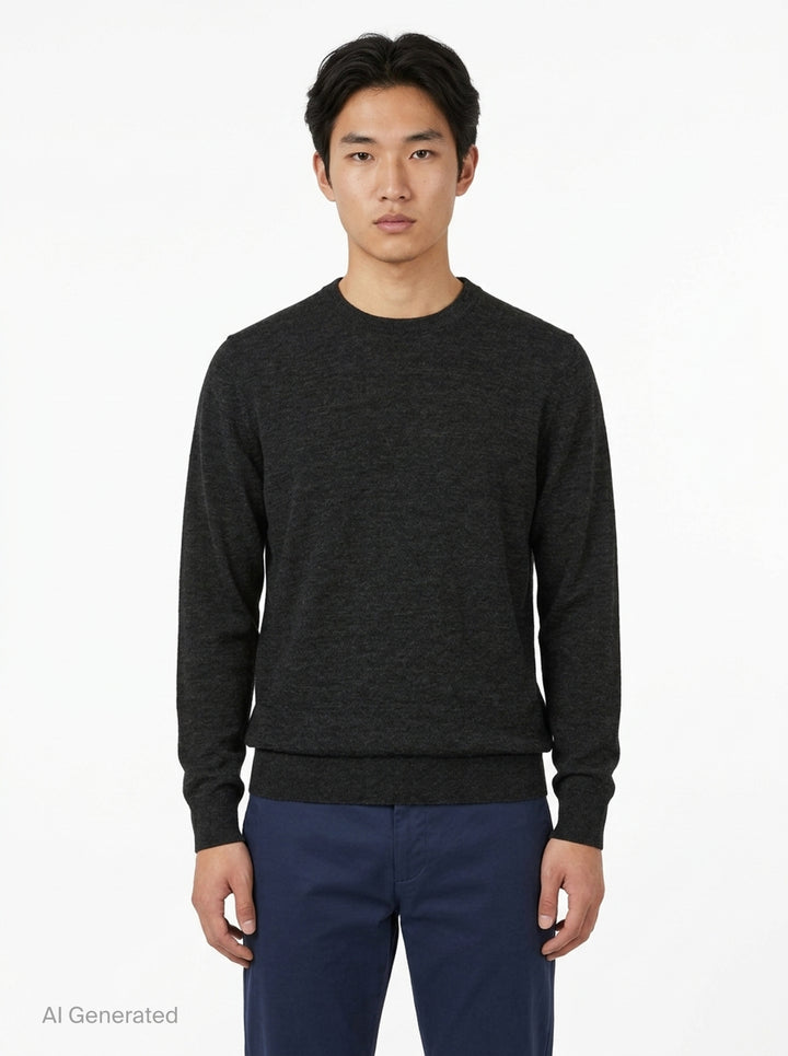 Lemaire crew neck sweater in dark charcoal mouliné knit with ribbed neckline, cuffs, and hem on a white background - front