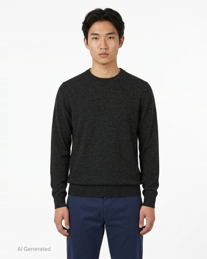 Lemaire crew neck sweater in dark charcoal mouliné knit with ribbed neckline, cuffs, and hem on a white background - front