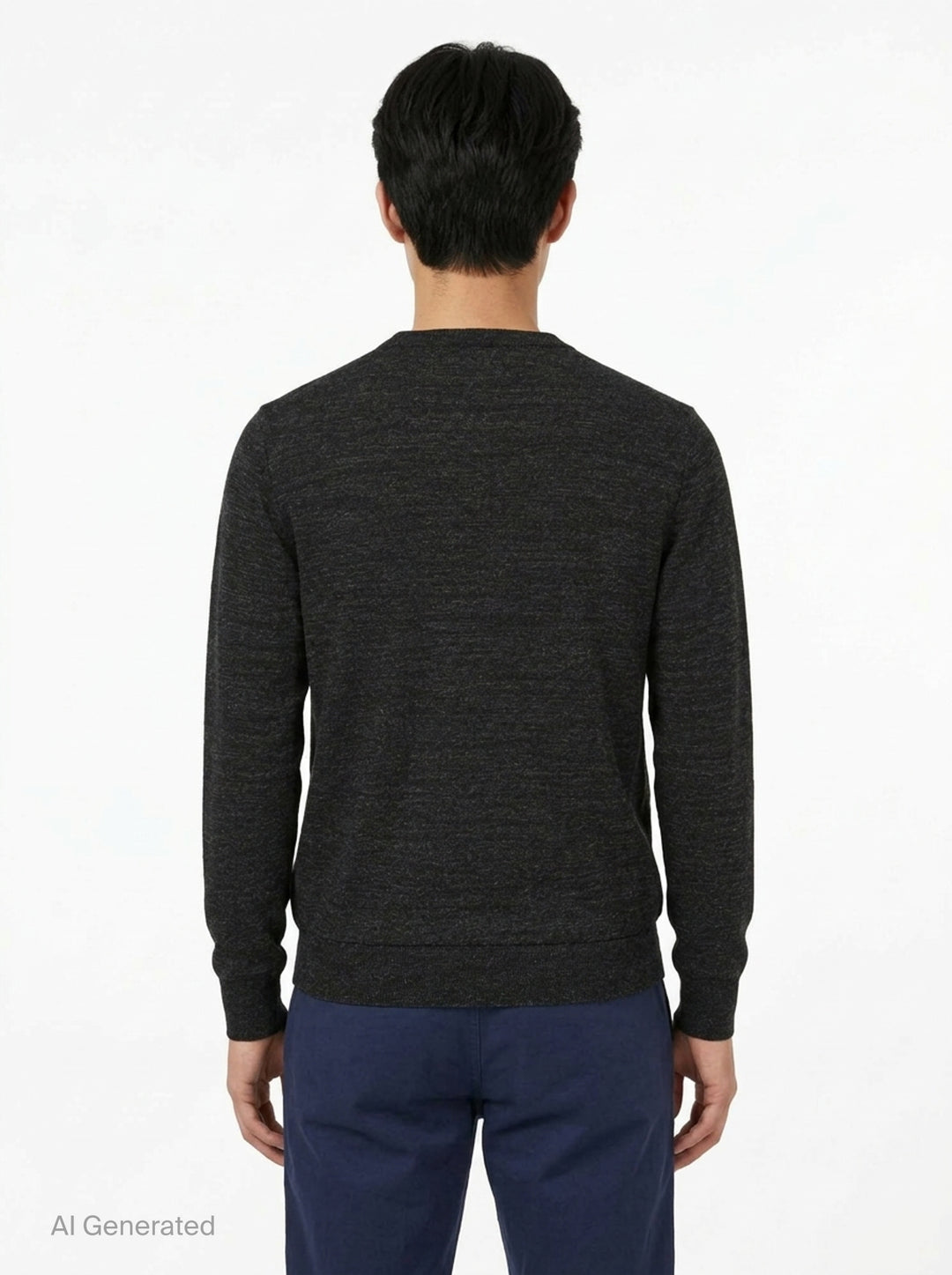 Lemaire crew neck sweater in dark charcoal mouliné knit with ribbed neckline, cuffs, and hem on a white background - back