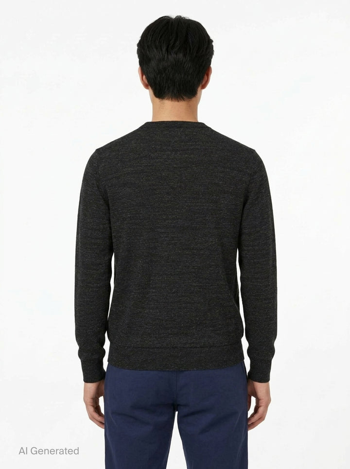 Lemaire crew neck sweater in dark charcoal mouliné knit with ribbed neckline, cuffs, and hem on a white background - back