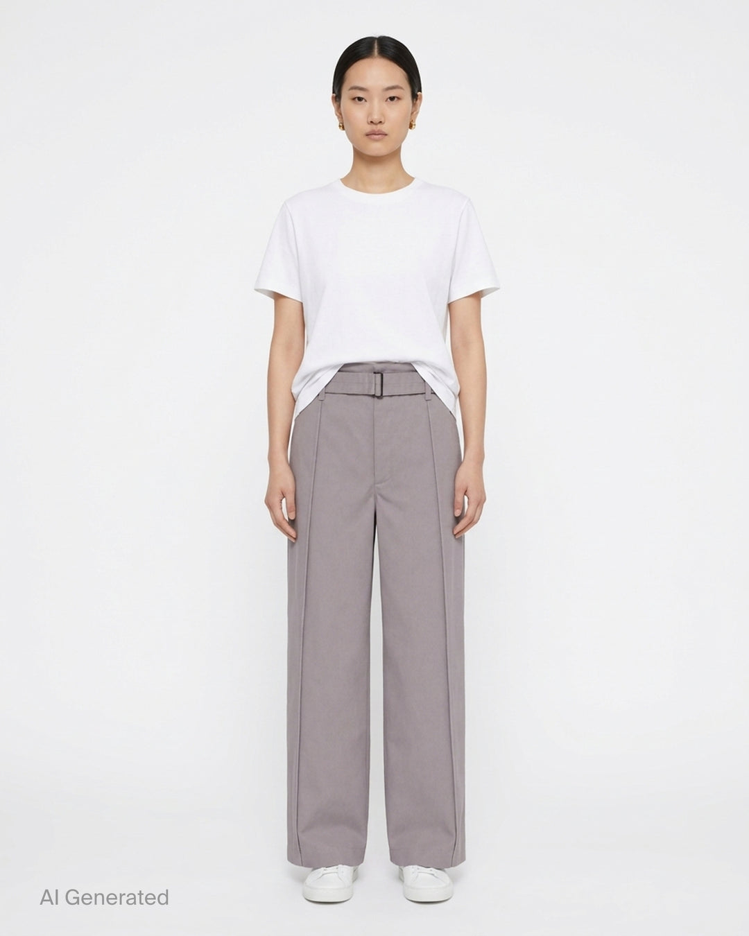 Lemaire grey poly cotton twill curved pants with a high waist, front pleats and self-fabric belt with metal buckle - front
