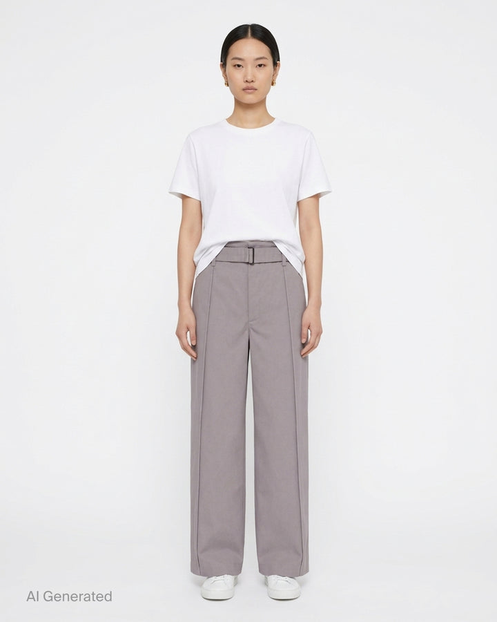 Lemaire grey poly cotton twill curved pants with a high waist, front pleats and self-fabric belt with metal buckle - front
