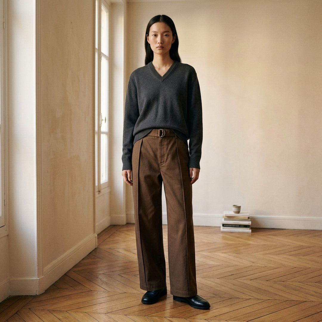 Lemaire grey poly cotton twill curved pants with a high waist, front pleats and self-fabric belt with metal buckle - lifestyle
