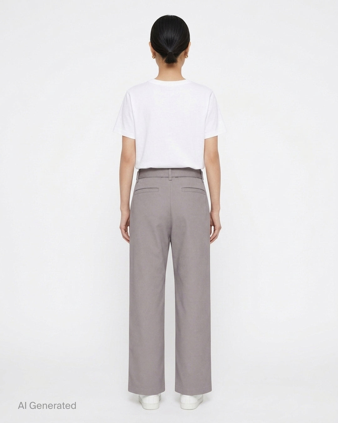 Lemaire grey poly cotton twill curved pants with a high waist, front pleats and self-fabric belt with metal buckle - back
