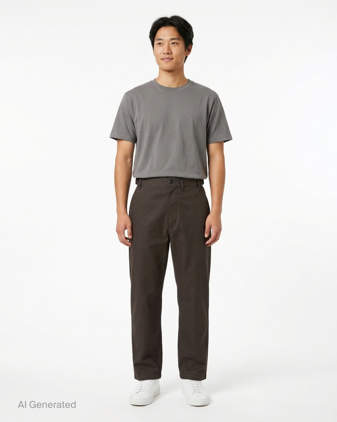 Lemaire tapered pants in heavy cotton with adjustable side waist tabs and button fly, shown from the front - front