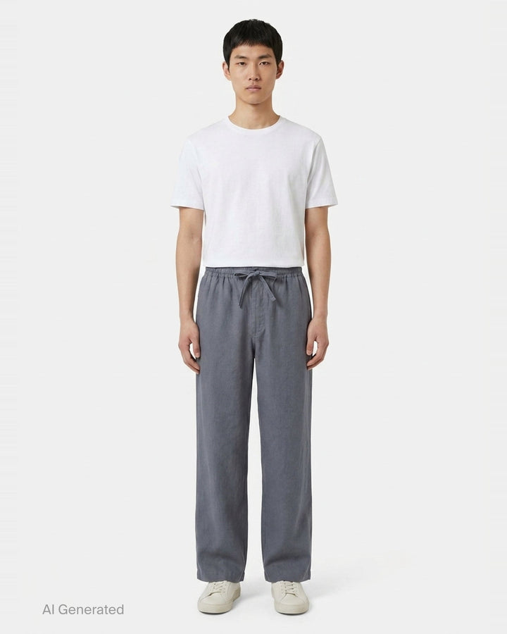 Lemaire Light Cotton Pyjama Pants in slate grey, featuring a wide-leg silhouette, elasticated waistband, and tonal drawstring tie with single button fastening - front