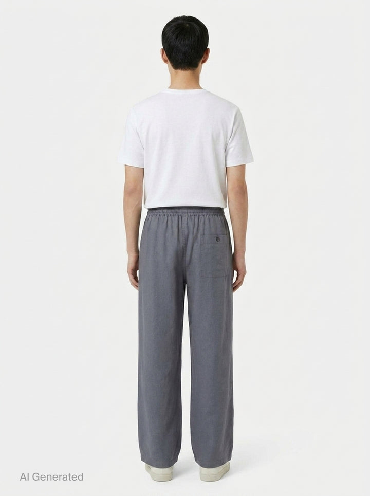 Lemaire Light Cotton Pyjama Pants in slate grey, featuring a wide-leg silhouette, elasticated waistband, and tonal drawstring tie with single button fastening - back