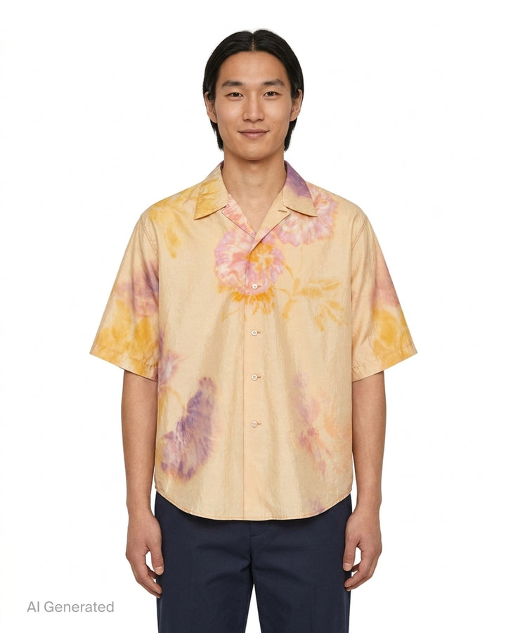 Lemaire short sleeve summer shirt in silk with a blurred watercolour floral print in yellow, pink and violet, shown with an open camp collar and button front - front