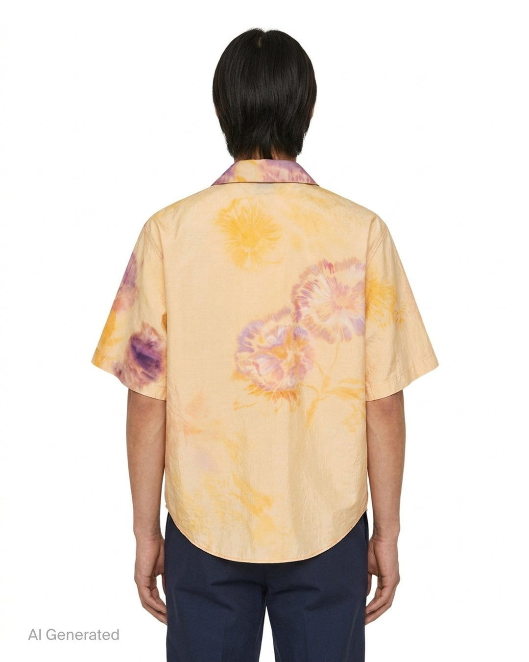 Lemaire short sleeve summer shirt in silk with a blurred watercolour floral print in yellow, pink and violet, shown with an open camp collar and button front - back