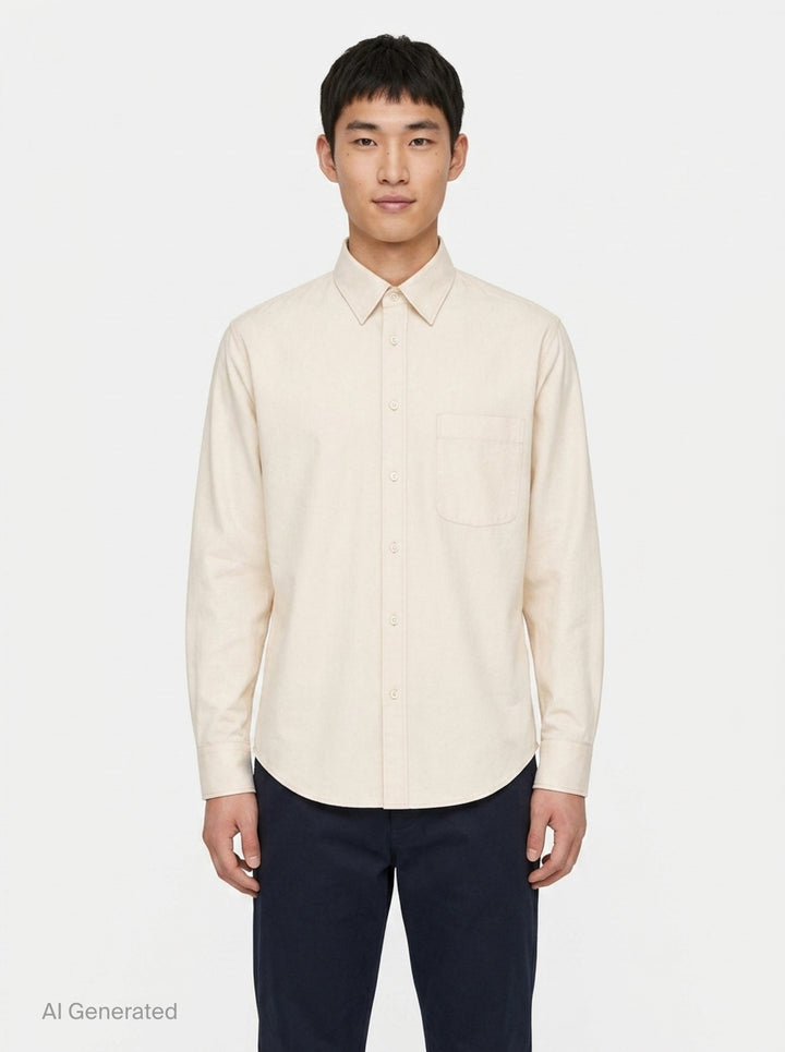 Lemaire Regular Long Sleeve Washed Cotton Shirt in slate grey, displayed flat against a white background, featuring a classic collar, white buttons, and a chest patch pocket - front