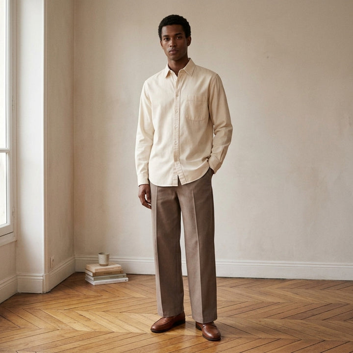 Lemaire Regular Long Sleeve Washed Cotton Shirt in slate grey, displayed flat against a white background, featuring a classic collar, white buttons, and a chest patch pocket - lifestyle