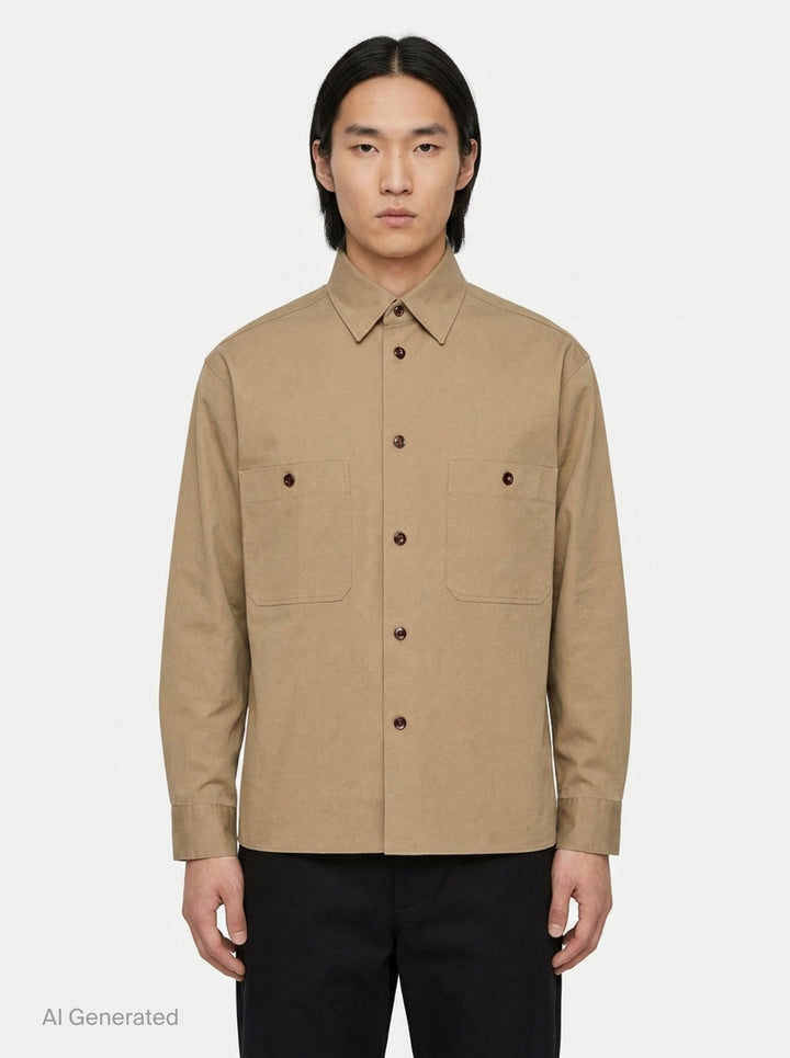 Lemaire Two Pockets Long Sleeve Shirt in tan cotton with dual patch chest pockets, dark tortoiseshell buttons, and a relaxed boxy silhouette, shown on a white background - front