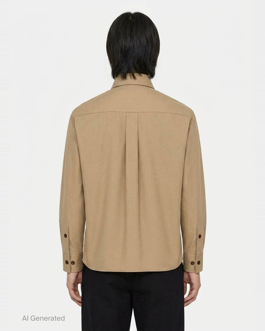 Lemaire Two Pockets Long Sleeve Shirt in tan cotton with dual patch chest pockets, dark tortoiseshell buttons, and a relaxed boxy silhouette, shown on a white background - back