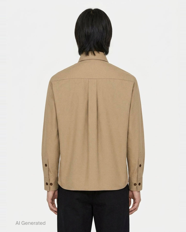Lemaire Two Pockets Long Sleeve Shirt in tan cotton with dual patch chest pockets, dark tortoiseshell buttons, and a relaxed boxy silhouette, shown on a white background - back