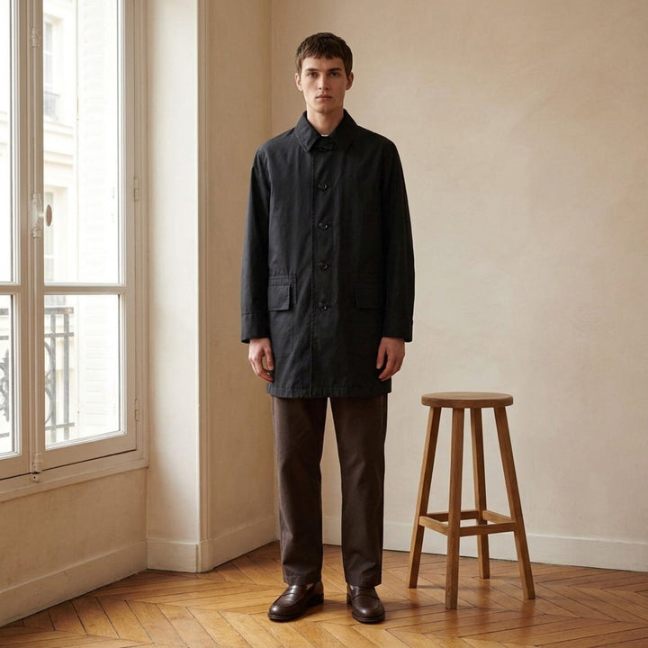 Lemaire black Ventile cotton rain jacket with double collar, concealed button front and flap pockets - lifestyle