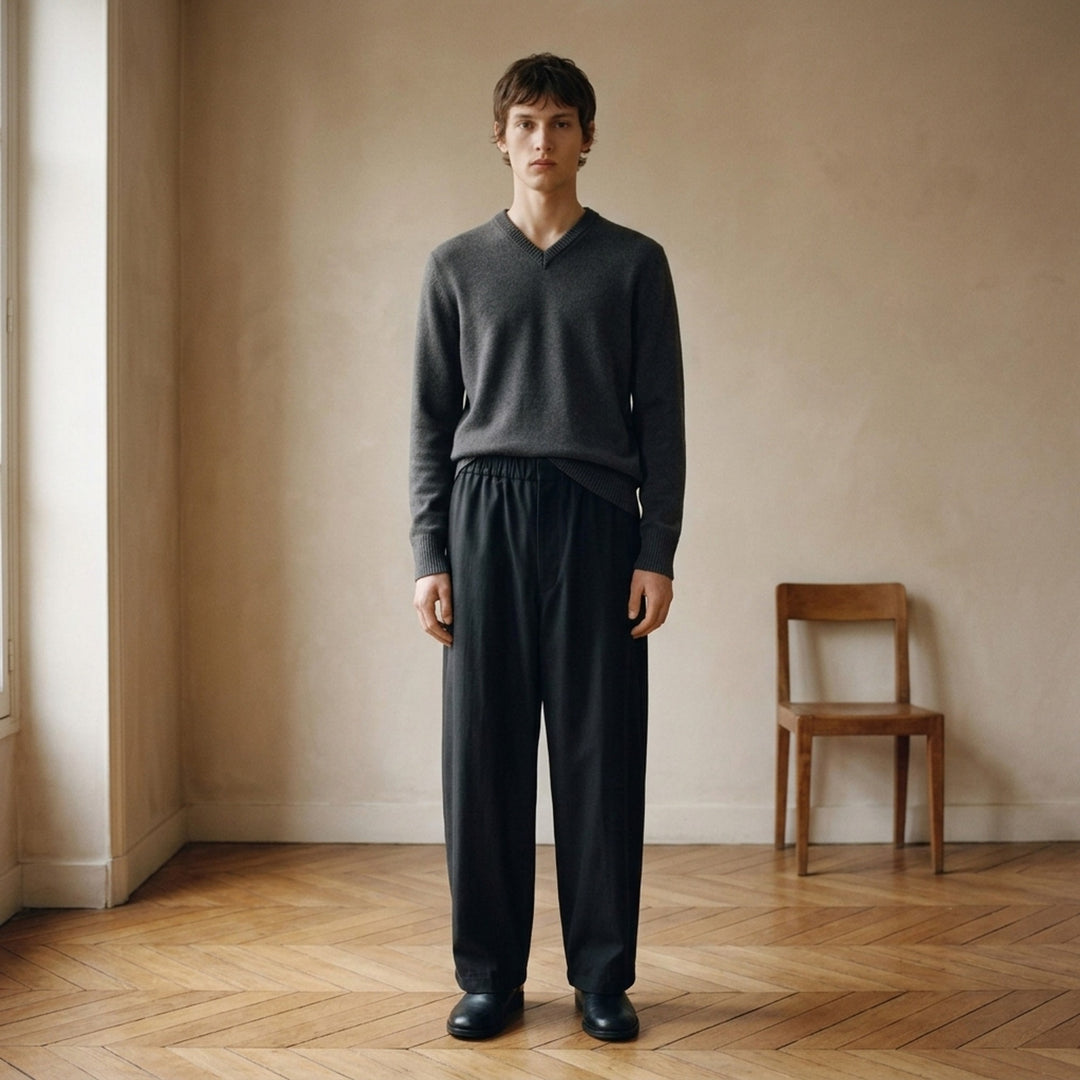 Lemaire black wool gabardine jogger pants with an elasticated waist and relaxed wide-leg silhouette, shown from the front - lifestyle