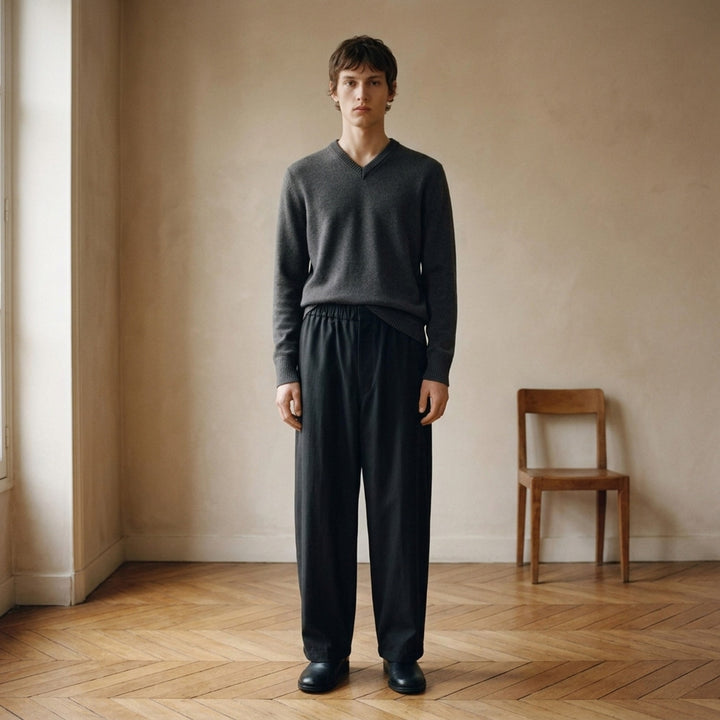 Lemaire black wool gabardine jogger pants with an elasticated waist and relaxed wide-leg silhouette, shown from the front - lifestyle