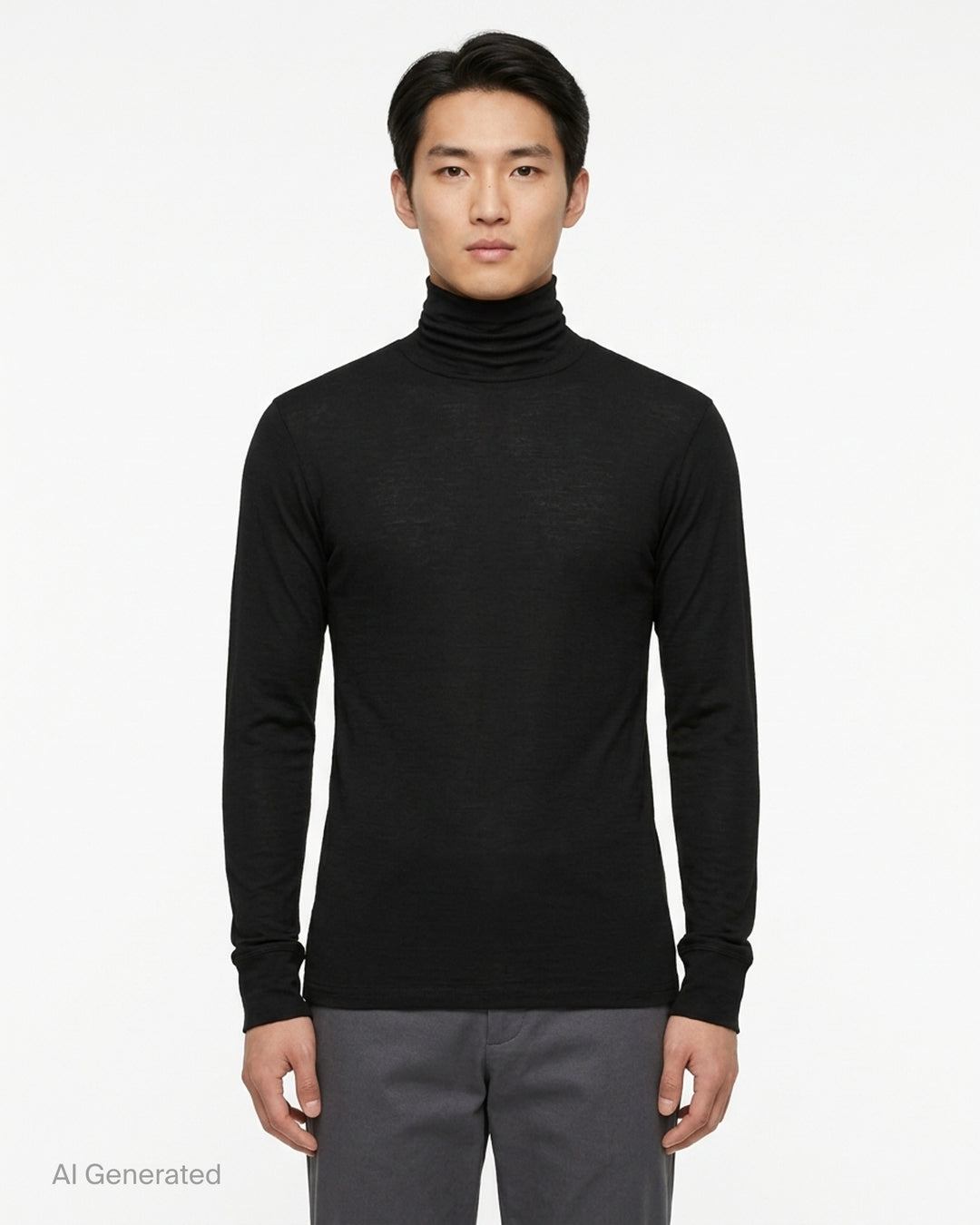 Lemaire black wool silk jersey turtleneck top with long sleeves and ribbed cuffs, shown front view - front