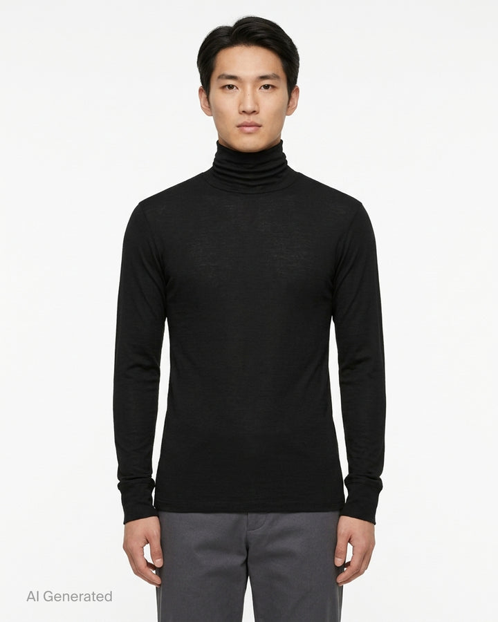 Lemaire black wool silk jersey turtleneck top with long sleeves and ribbed cuffs, shown front view - front