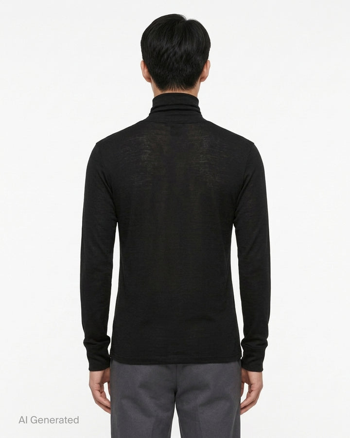 Lemaire black wool silk jersey turtleneck top with long sleeves and ribbed cuffs, shown front view - back