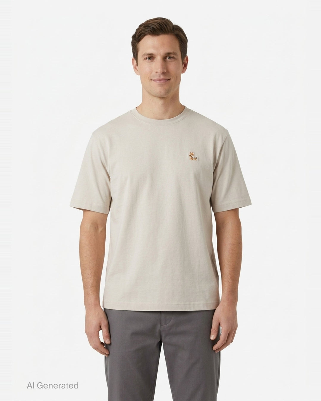 Maison Kitsuné Chillax Fox Comfort Tee in off-white with a small embroidered lounging fox patch on the chest, crew neck, and short sleeves - front
