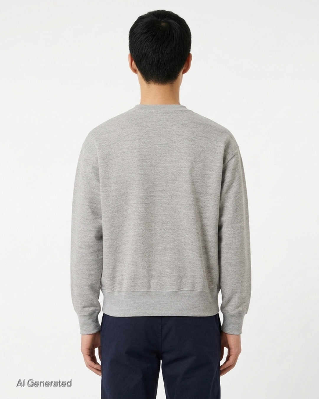 Grey marl crewneck sweatshirt with an illustrated fox in a patchwork denim jacket and jeans and Kuro Kitsuné Paris lettering on the chest - back
