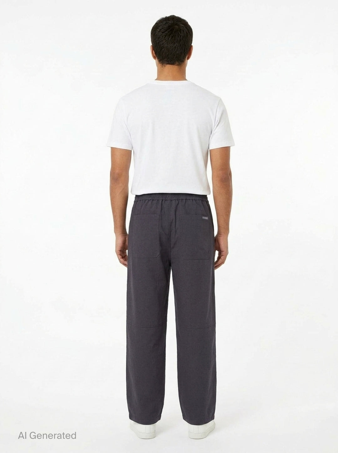 Maison Kitsuné Elasticated Cargo Pants in dark charcoal navy, featuring a wide-leg silhouette, elasticated waistband, articulated knee panelling, and a flap cargo pocket on the leg - back
